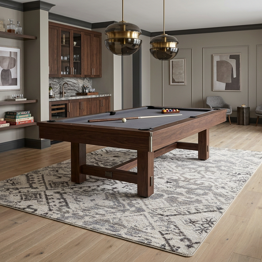 Afterimage area rug: a dark wood ppool table with a green felt surface is shown in a modern, upscale home game room with light wood floors, gray walls, and contemporary seating.