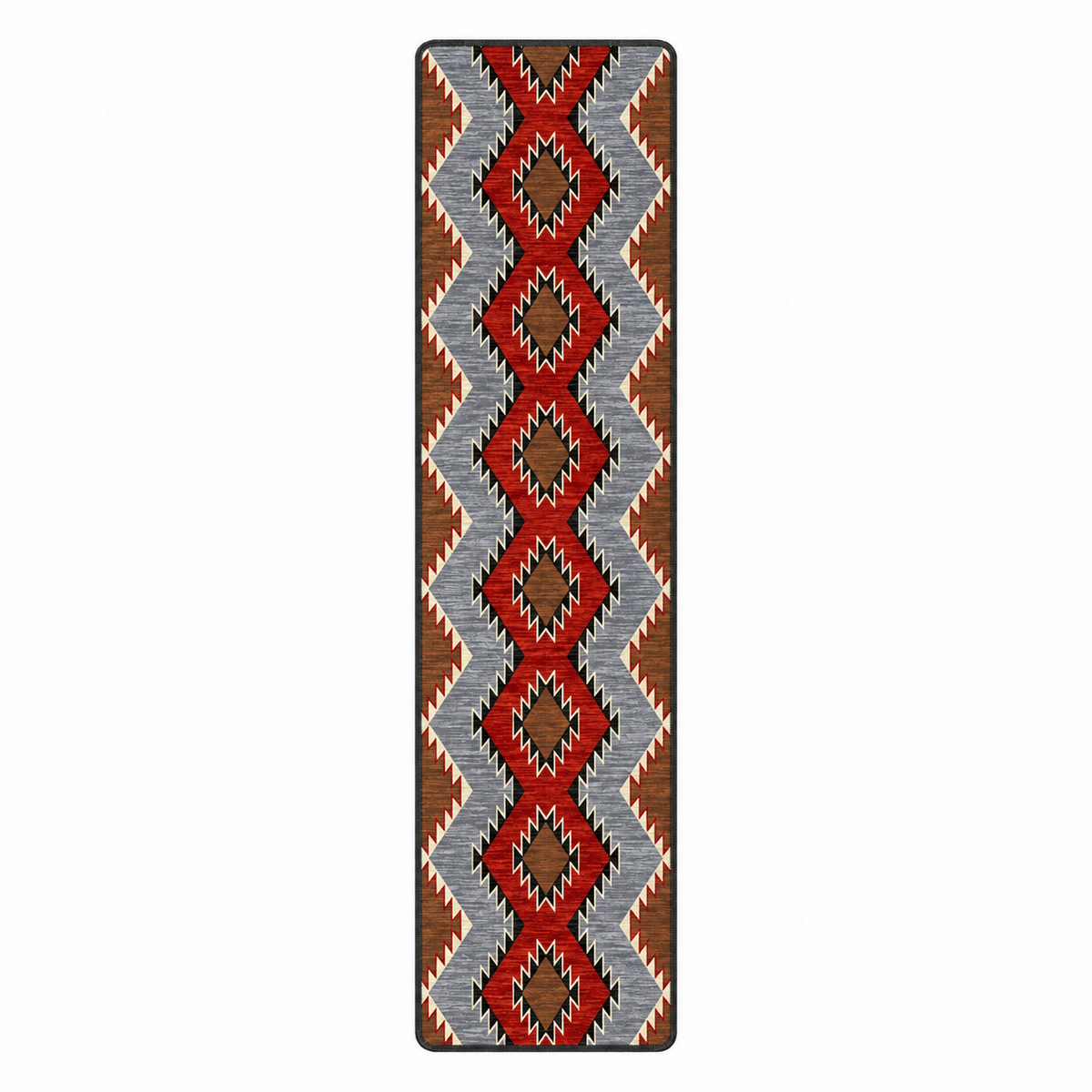 Crossplay area rug: a rectangular area rug with a Southwestern geometric pattern featuring red, brown, slate blue, black, and cream zigzags and diamonds.