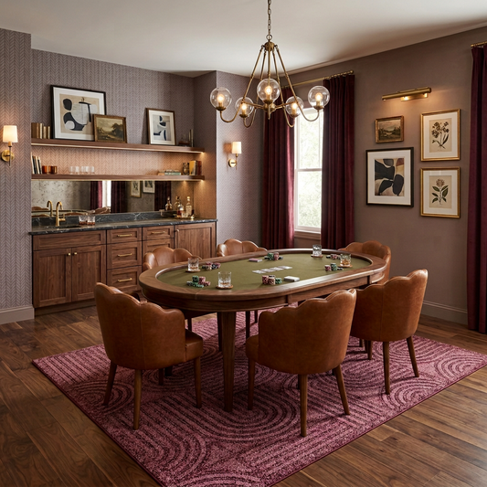 Detour area rug styled in a poker room