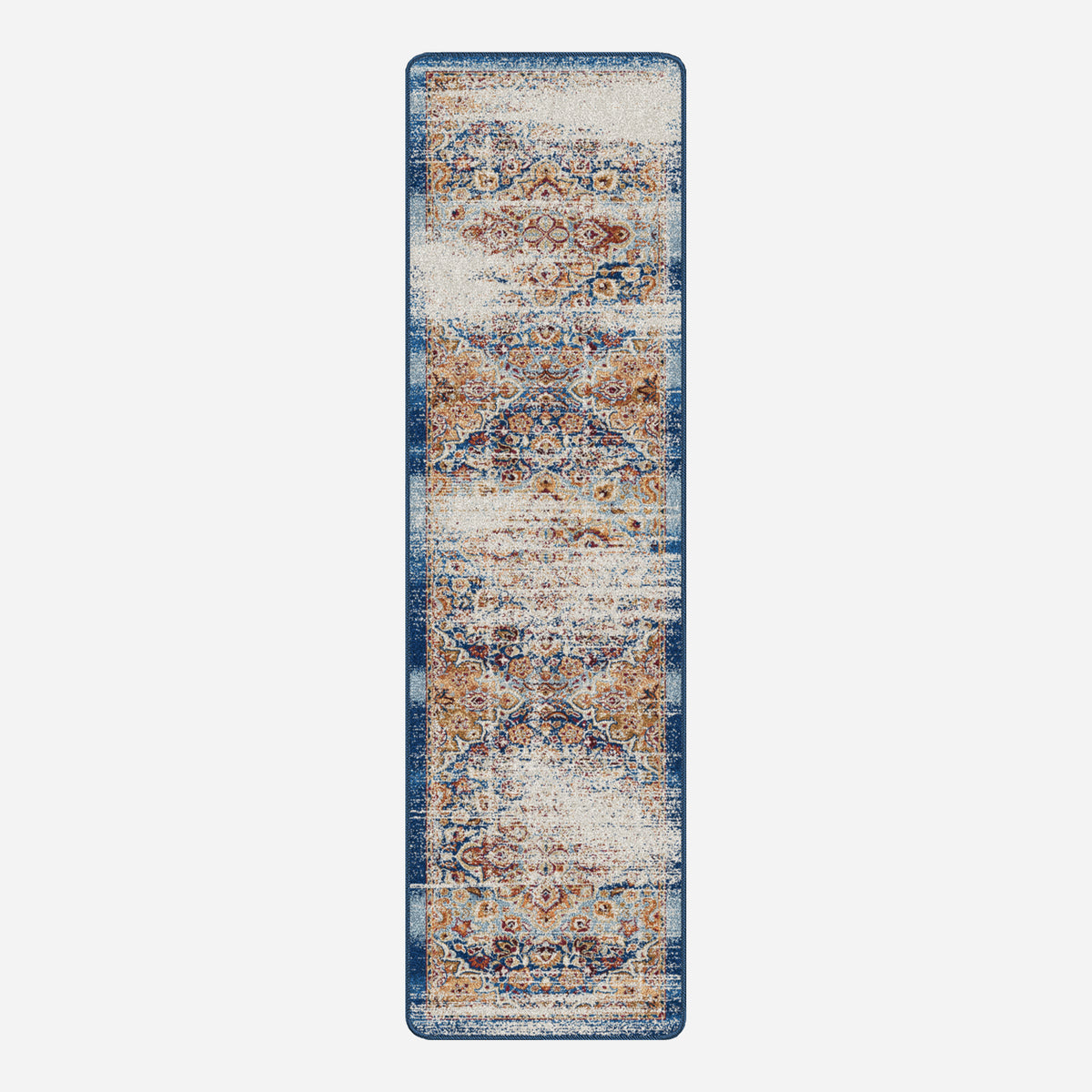 Long rectangular rug with a pattern on a white background
