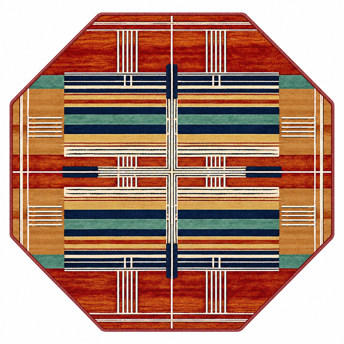 Framework area rug: an octagonal area rug featuring a symmetrical Art Deco style pattern with horizontal stripes in rust red, tan, navy blue, teal green, and cream, isolated on a white background.
