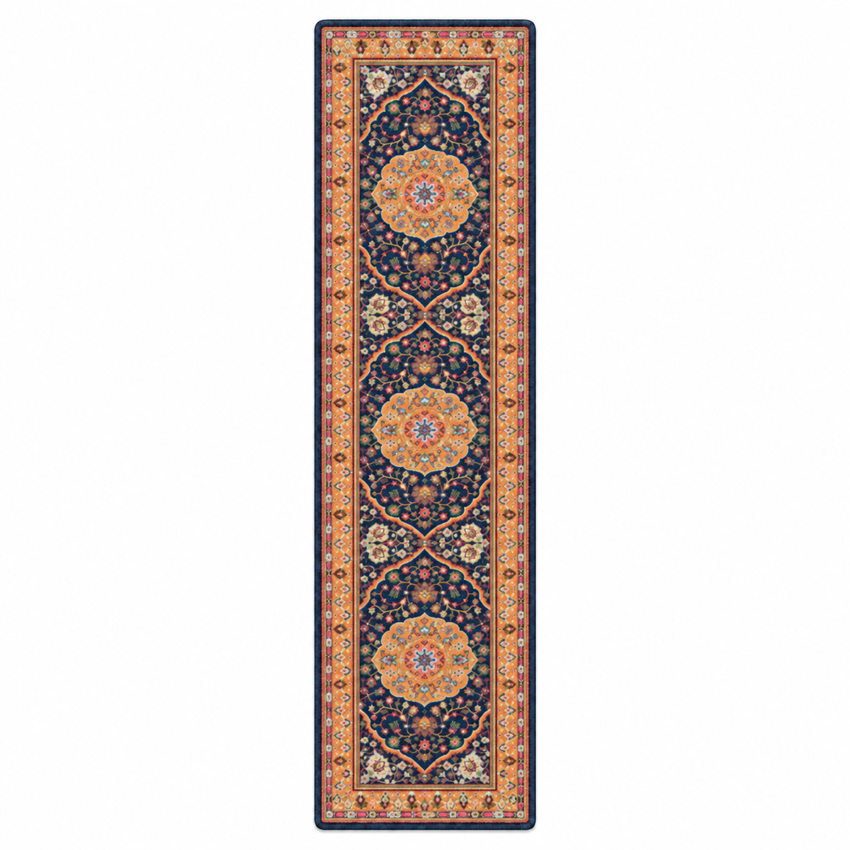 Full House area rug: a runner rea rug with an intricate traditional pattern, featuring a navy blue center, orange and gold floral medallions, and red and beige borders.