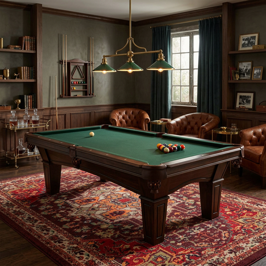 Hot Streak area rug: a dark wood ppool table with a green felt surface is shown in a styled home bar or lounge room with leather armchairs, bookshelves, a hanging brass chandelier, and a large patterned red rug.