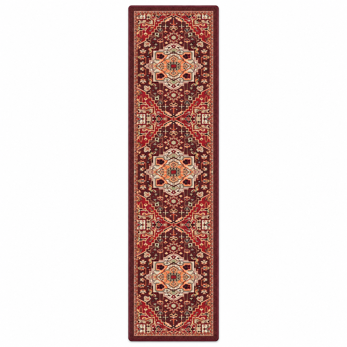 Hot Streak area rug: a long rectangular area rug with an intricate traditional geometric pattern in deep red, burgundy, beige, and orange, shown flat against a solid white background.