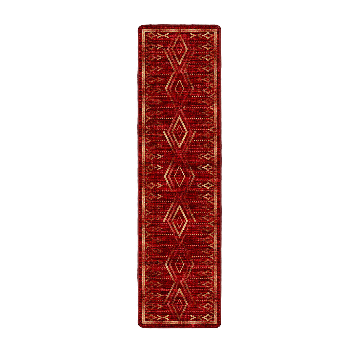 A long, narrow red runner rug with a geometric diamond pattern in a contrasting light tan or beige, shown flat against a plain white background.