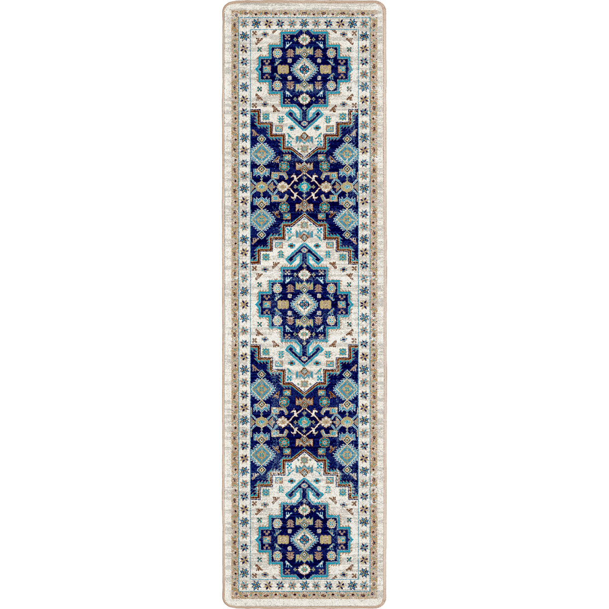 Decorative runner rug with blue and white geometric pattern on a white background