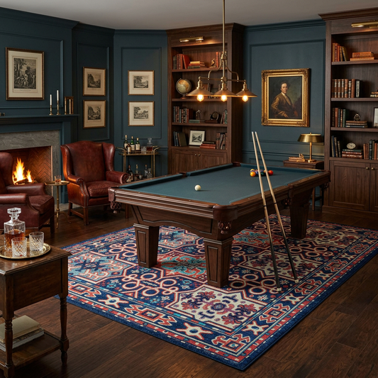 A classic pool table with a green felt surface and dark wood rails, set in a luxurious, dimly lit study with blue walls, leather armchairs, and a large patterned area rug.