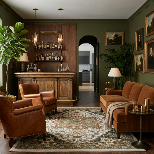 A styled living room interior with dark olive green walls, a rust-brown leather sofa and two matching armchairs, a patterned area rug, pendant lights, a wooden bar cabinet with bottles, and framed wall art.
