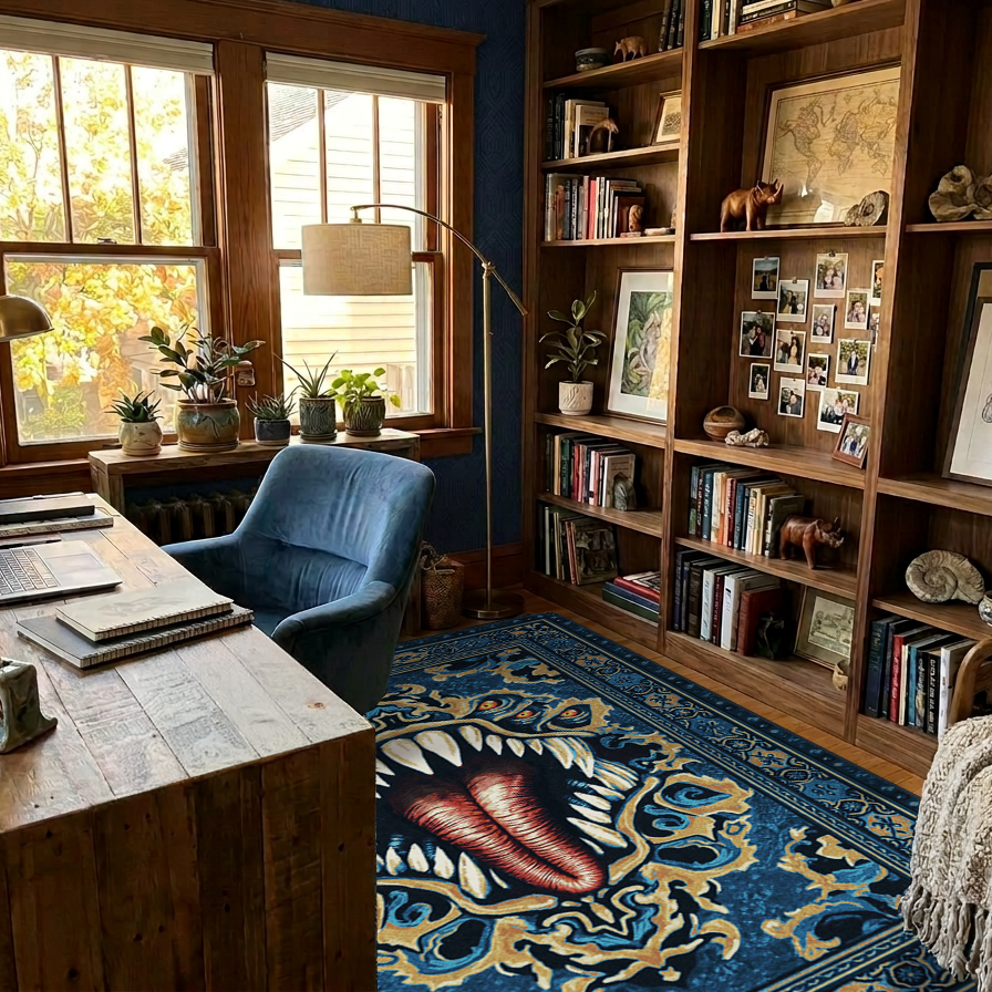 A styled home office interior featuring a large rustic wooden desk, a blue velvet armchair, a tall floor lamp, built-in wooden bookshelves filled with books and framed art, and a prominent blue rug with a red and gold shark design.