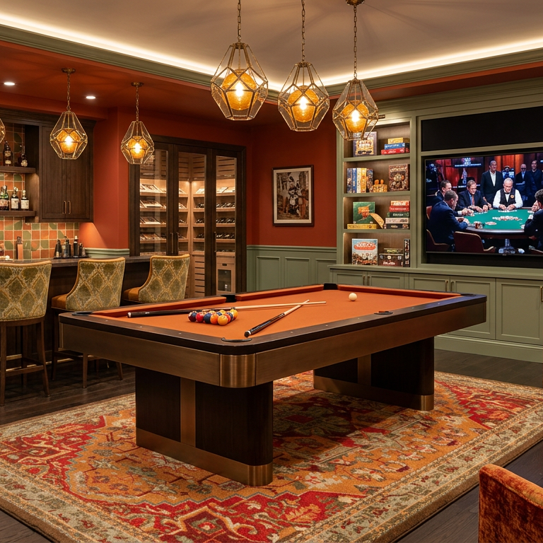 A luxurious home entertainment and bar room featuring a central wooden pool table with an orange felt surface, a large wall-mounted TV, a built-in bar area with bar stools, shelving, and warm ambient lighting.