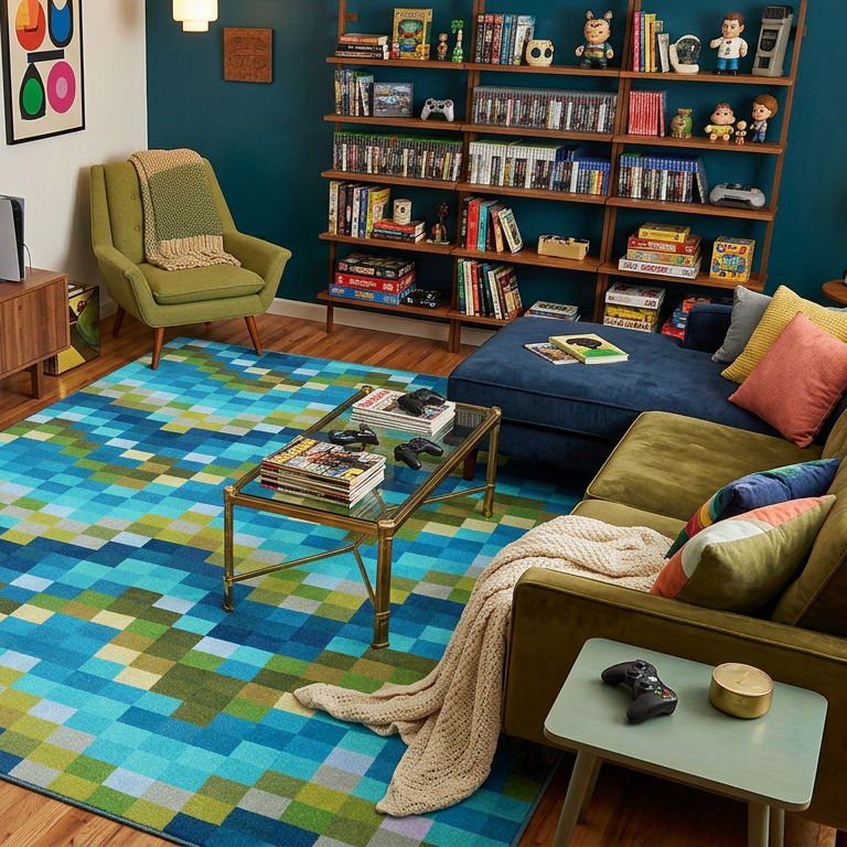 A large rectangular area rug with a colorful pixelated geometric pattern in shades of blue, green, teal, and yellow, styled in a cozy, modern living room with a green sofa, bookshelves, and a blue accent wall.