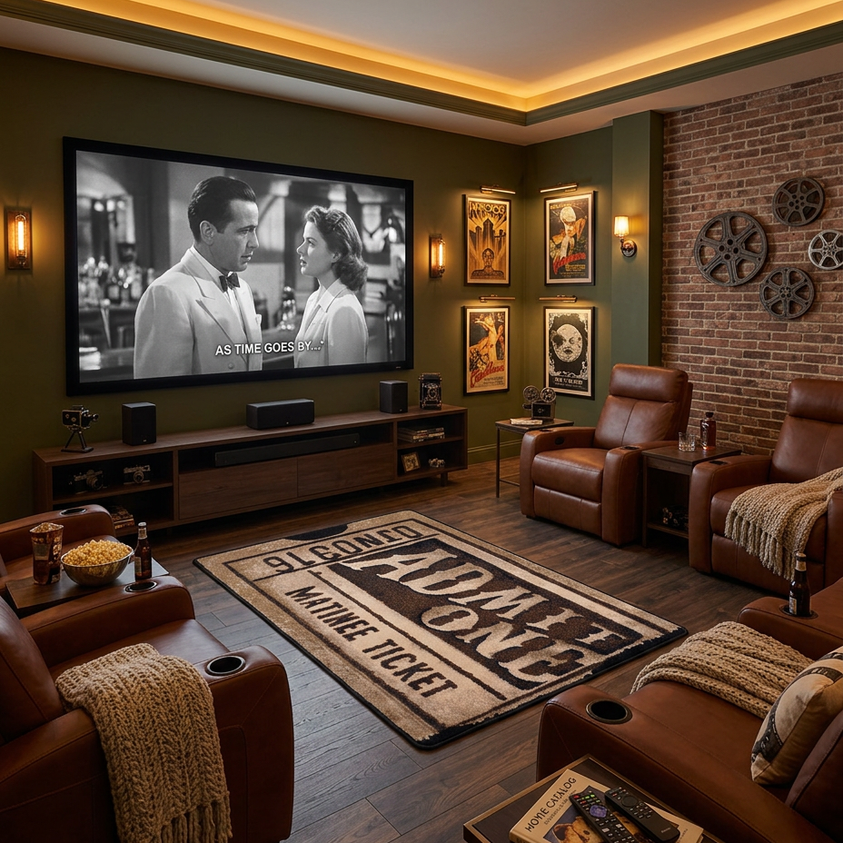 A cozy home theater setup with brown leather recliners, a large wall-mounted screen showing a black-and-white film, a movie ticket rug, wood flooring, and mixed wall finishes including dark green, brick, and framed posters.
