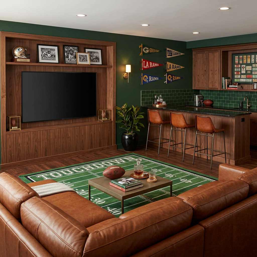 A styled home bar and living room corner featuring a large brown leather sectional sofa, a green football field rug, wood cabinetry, a TV mounted in the wall, bar stools, and sports pennants on the wall.
