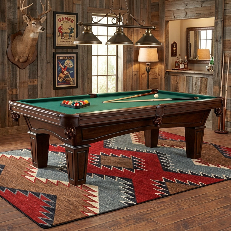 A dark wood pool table with a green felt surface sits on a large geometric patterned rug in a rustic cabin-style room with wood walls, framed art, hanging lights, and pool cues.