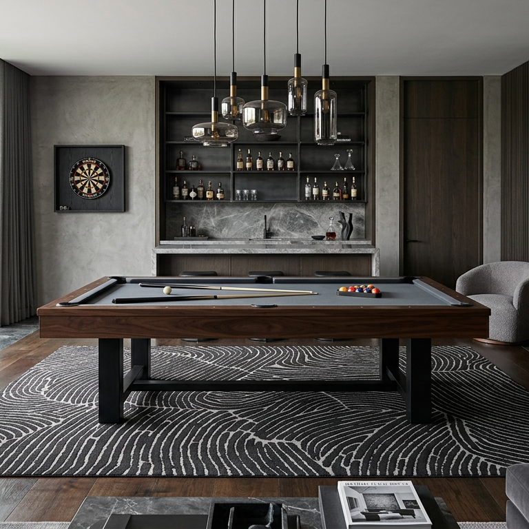 A modern home bar and game room featuring a dark wood pool table with a green felt surface, set on a patterned black and white rug. The room has gray concrete walls, a built-in bar shelf with bottles, pendant lights, and framed abstract art.