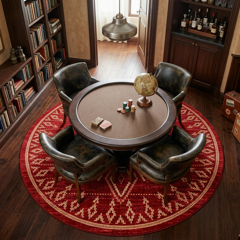 A styled interior scene showing a round wooden table surrounded by four dark leather armchairs on a red patterned rug, set in a richly decorated study with bookshelves, framed art, and wood paneling.