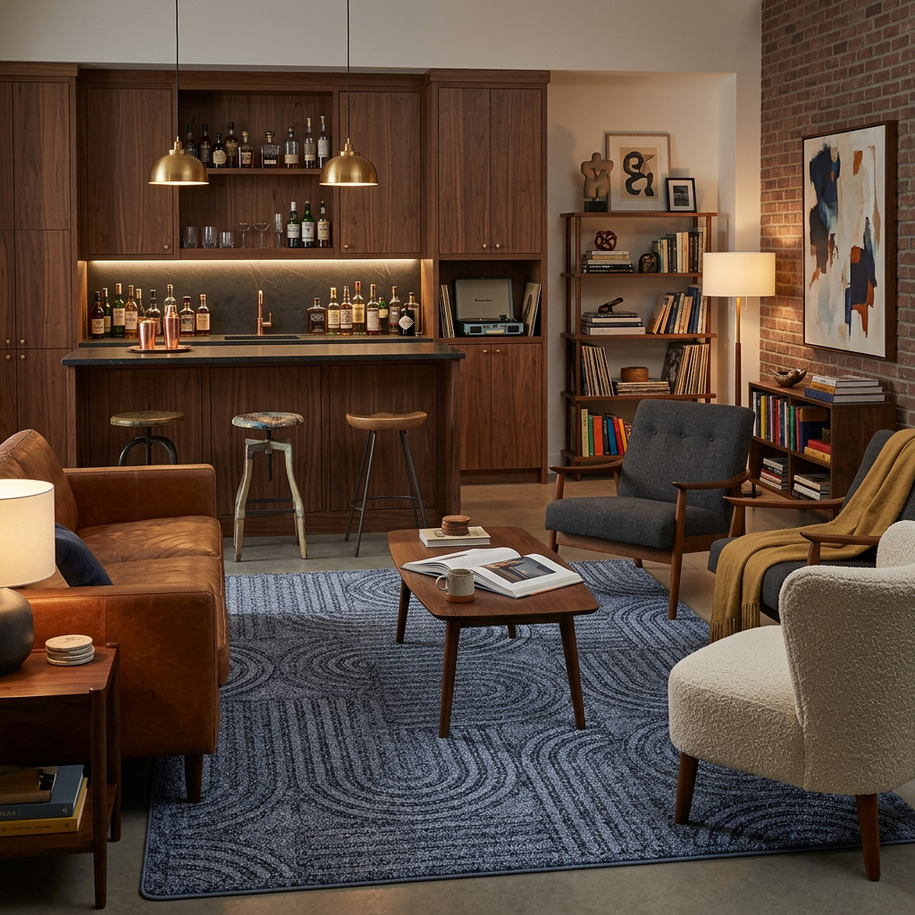 A luxurious home entertainment and bar room featuring a central wooden pool table with an orange felt surface, a large wall-mounted TV, a built-in bar area with bar stools, shelving, and warm ambient lighting.