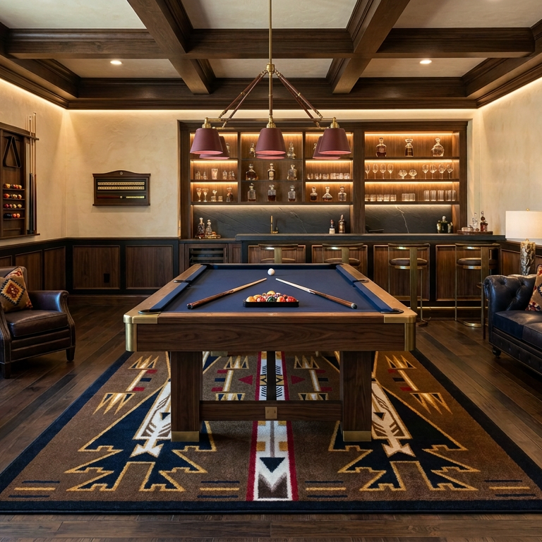 A luxury home game room featuring a wooden pool table centered on a geometric patterned rug, flanked by dark leather sofas, a bar area in the background, and dark wood ceiling beams.