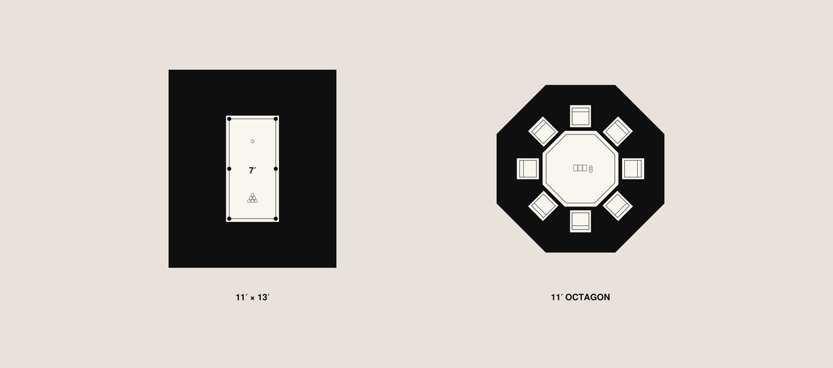 A minimalist black-and-white product diagram on a light beige background, showing two geometric wall switch designs labeled '11 + 13' and '11 OCTAGON'.