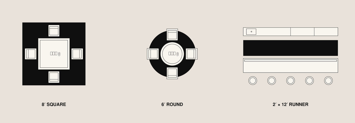 Three black-and-white table layout diagrams on a light beige background, labeled 8' SQUARE, 6' ROUND, and 2' x 12' RUNNER.