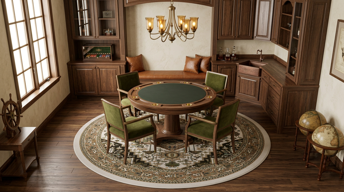 A round wooden dining table with a green felt top is surrounded by four green upholstered wooden chairs on a large circular patterned rug in a warm, wood-paneled room.