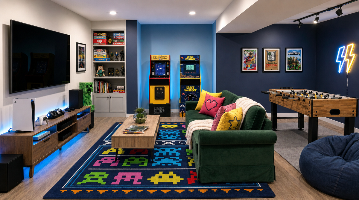 Game On area rug: a modern home theater and game room setup featuring a dark green velvet sofa with colorful pillows, a pixel-art patterned area rug, a wooden foosball table, vintage arcade machines, a TV…