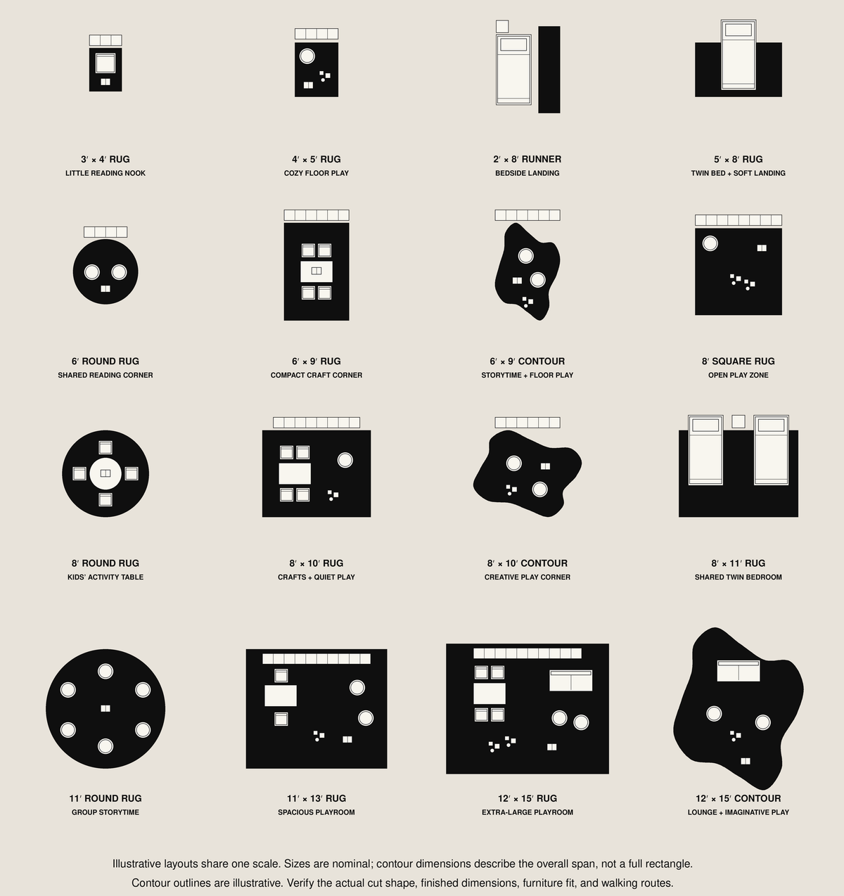 A black-and-white room scene planner poster titled 'KIDS / ROOMS & PLAYROOMS' showing 15 different room layouts, furniture arrangements, rugs, tables, and game boards with labels and small illustrations on a light beige background.