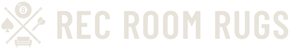 Rec Room Rugs horizontal logo with game room icons and brand name