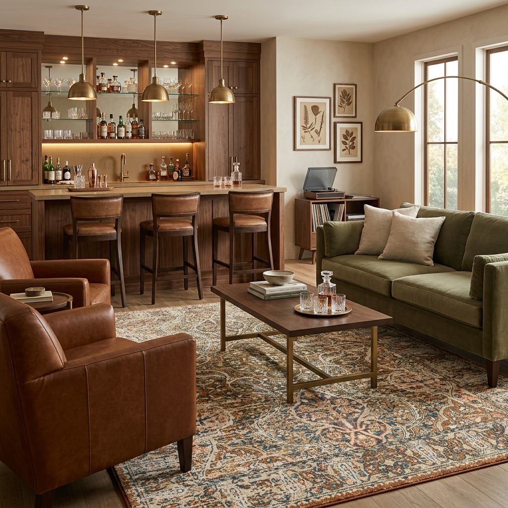 A styled living room interior featuring a green sofa, brown leather armchair, wooden coffee table, patterned area rug, bar area with stools and shelving, pendant lights, framed wall art, and tall windows.