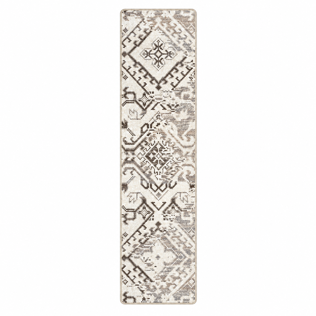 Afterimage area rug: a long rectangular area rug with a distressed geometric and tribal-inspired pattern in beige, cream, and brown tones, shown flat against a solid white background.