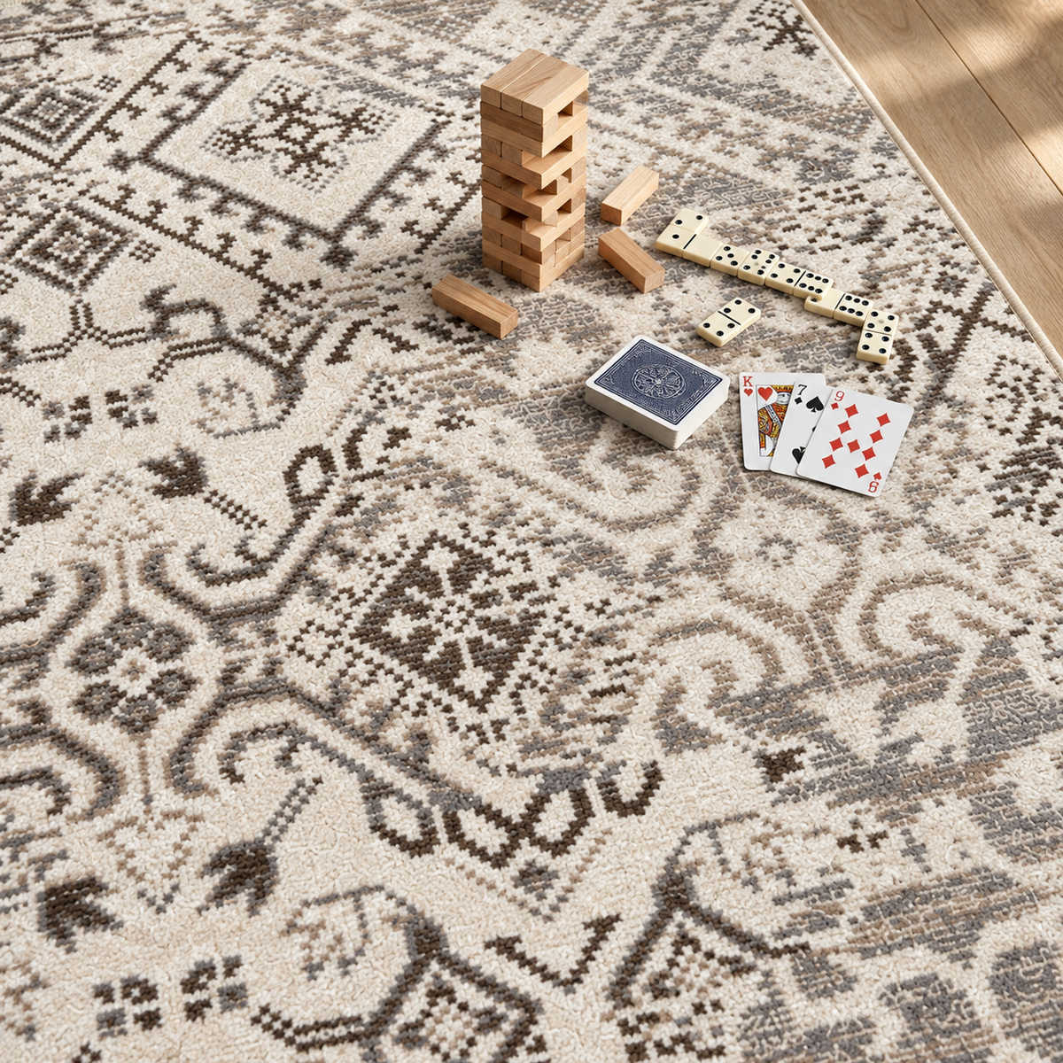 Afterimage area rug: a top-down view of a patterned area rug in a room setting, styled with a wooden block tower, dominoes, a deck of cards, and playing cards on a light wood floor.
