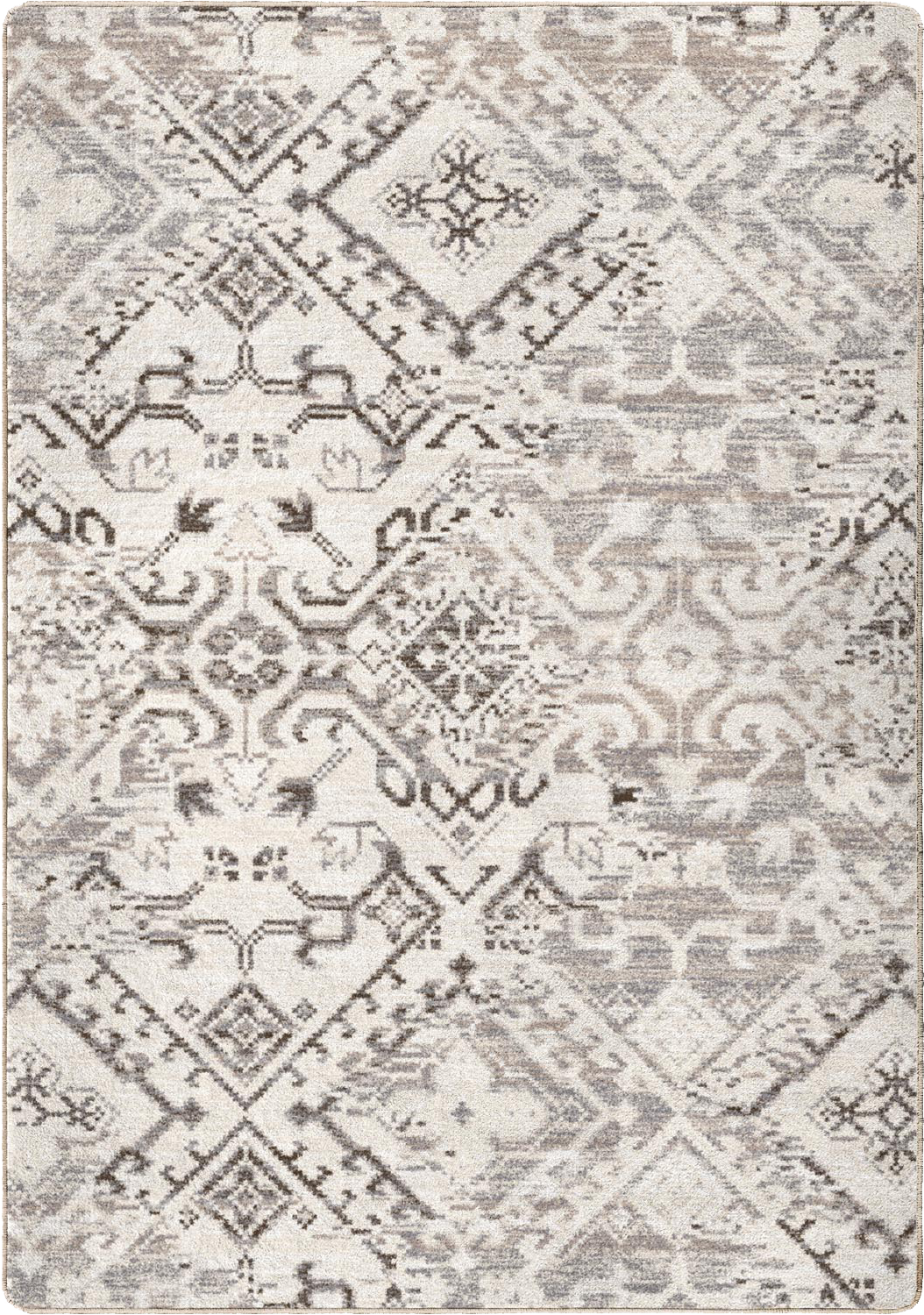 A square area rug with a distressed, vintage-inspired geometric and floral pattern in shades of gray, beige, and off-white.