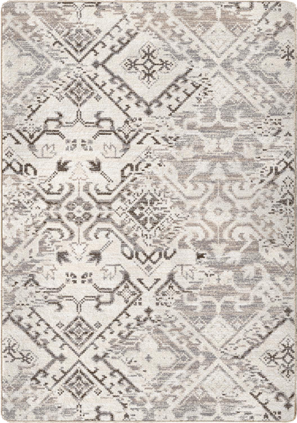 A square area rug with a distressed, vintage-inspired geometric and floral pattern in shades of gray, beige, and off-white.