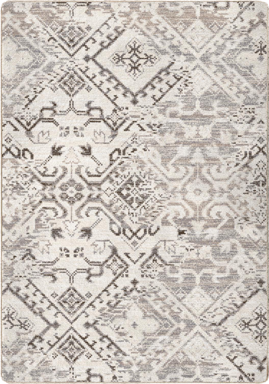 A square area rug with a distressed, vintage-inspired geometric and floral pattern in shades of gray, beige, and off-white.
