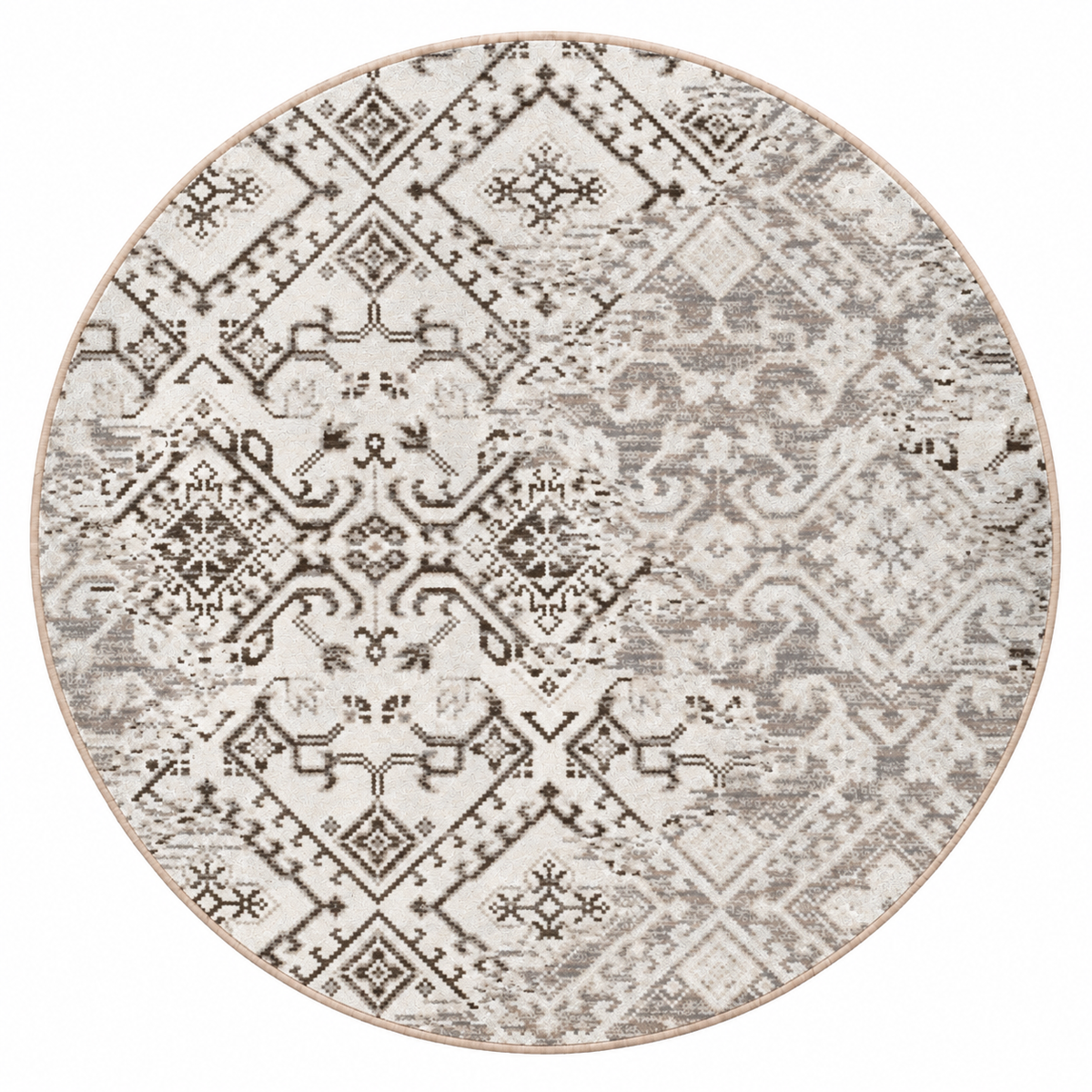 Afterimage area rug: a round area rug with a distressed geometric and tribal pattern in shades of gray, beige, and brown on a light cream background.