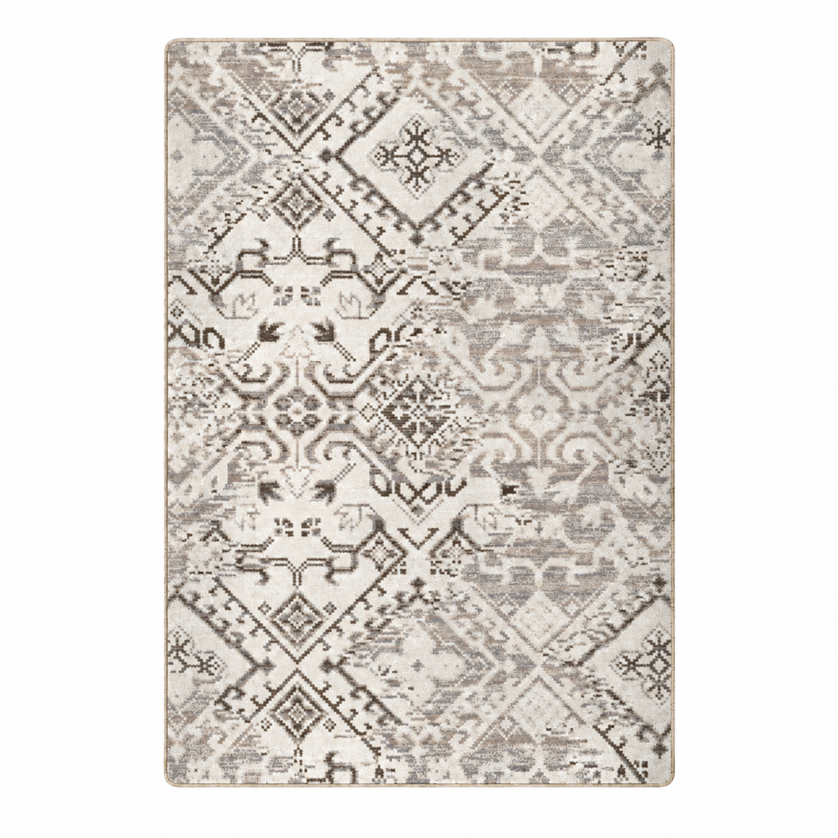 Afterimage area rug: a rectangular area rug with a distressed, vintage-style geometric and tribal pattern in shades of gray, taupe, and off-white on a white background.