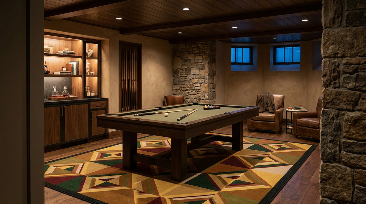 A luxury home game room featuring a dark wood ppool table on a geometric patterned rug, set against a stone and wood-paneled wall with a built-in bar cabinet.
