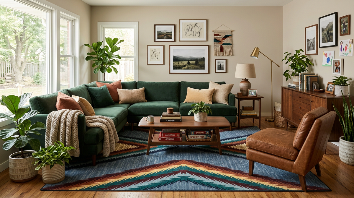 A styled family room featuring a dark green sectional sofa, a brown leather armchair, a colorful geometric area rug made with premium commercial-grade easy to clean nylon perfect for rec and game and family rooms, and a wooden coffee table, set against beige walls with framed art and potted plants.