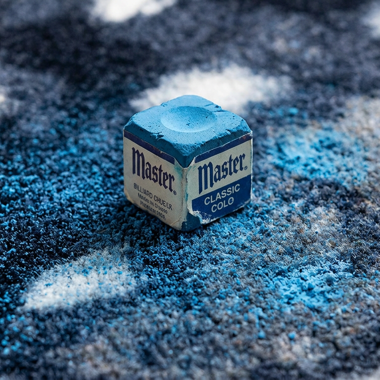 A single Master Classic Grey chalk cube sits on a ttextured grey and black rug with blue and white powder scattered around it.