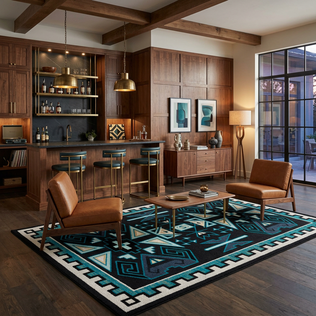 A large southwestern-style area rug with a black, teal, and cream geometric pattern is styled in a modern, warm-toned living room with dark wood cabinetry, bar stools, and two brown leather armchairs.