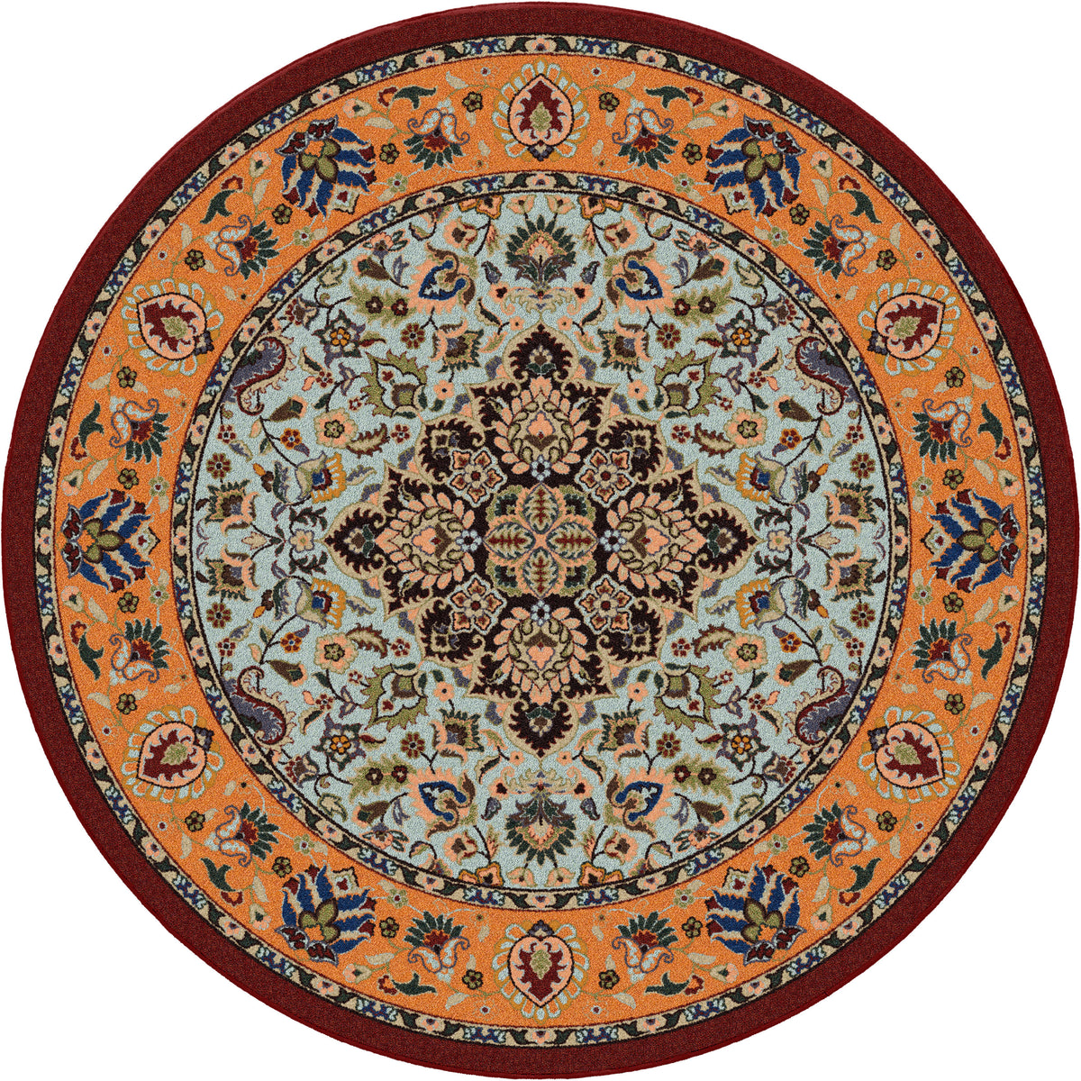 Bright Side area rug: orange and blue round circular area rug with persian inspired graphics in modern color palette nylon fibers and pet friendly.