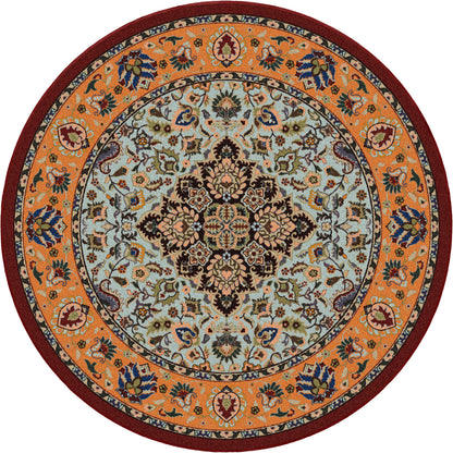 Bright Side area rug: orange and blue round circular area rug with persian inspired graphics in modern color palette nylon fibers and pet friendly.