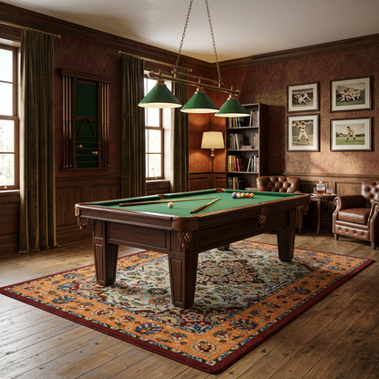 Bright Side area rug: a classic wooden ppool table with a green felt surface is set in a richly decorated room with dark wood floors, patterned wallpaper, leather armchairs, and a large ornate oriental rug…