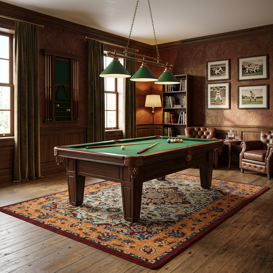 Bright Side area rug: a classic wooden ppool table with a green felt surface is set in a richly decorated room with dark wood floors, patterned wallpaper, leather armchairs, and a large ornate oriental rug…