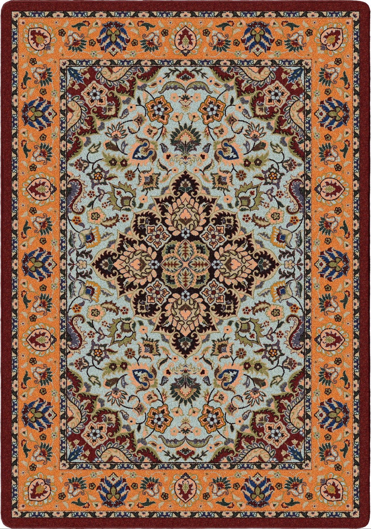 Bright Side area rug: a traditional oriental-style area rug with an intricate floral and medallion pattern. The design features a prominent orange border, a central light blue-gray field, and a large…