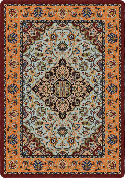 Bright Side area rug: a traditional oriental-style area rug with an intricate floral and medallion pattern. The design features a prominent orange border, a central light blue-gray field, and a large…