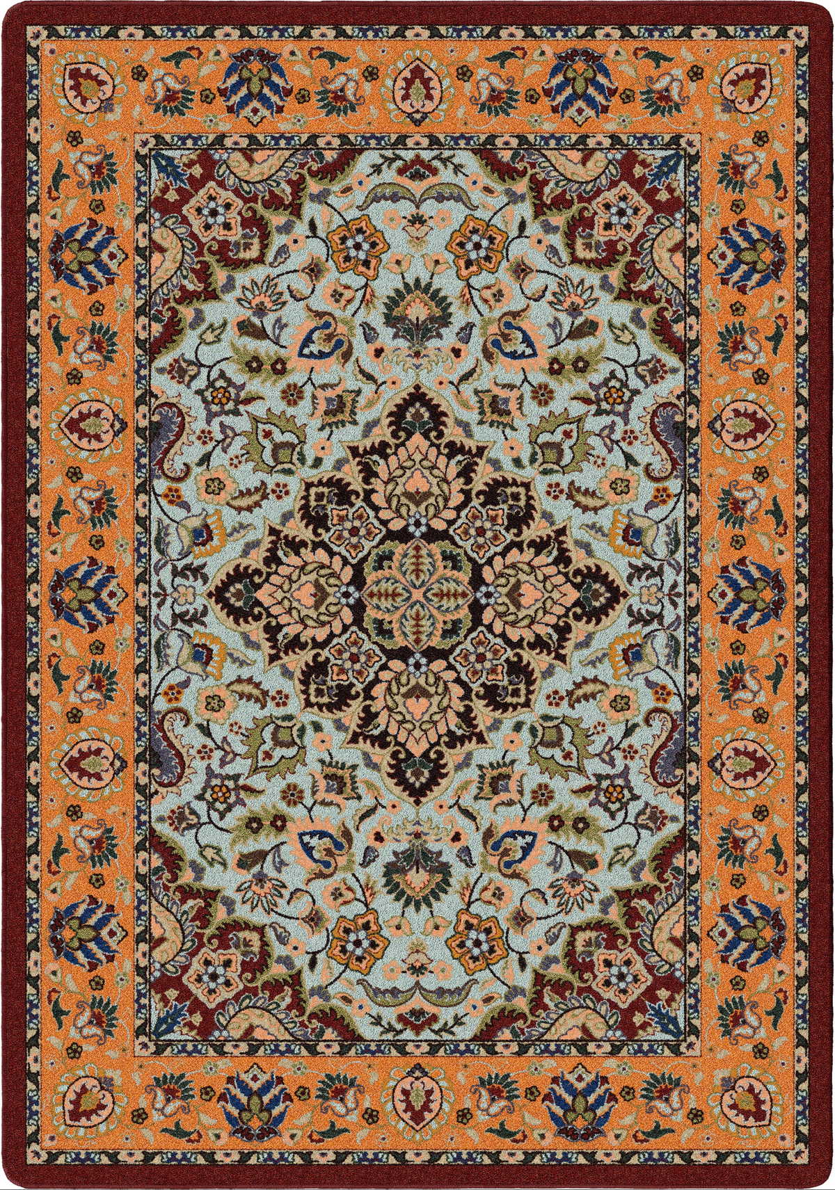 A traditional oriental-style area rug with a central floral medallion, featuring a light blue-gray field, orange border, and dark red outer border with intricate multicolor patterns.