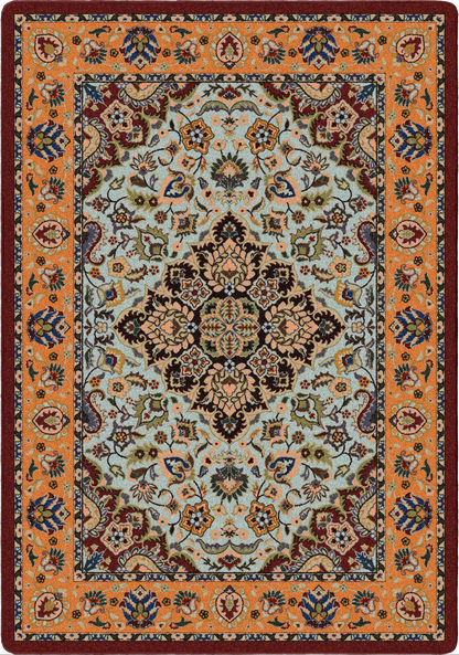 A traditional oriental-style area rug with a central floral medallion, featuring a light blue-gray field, orange border, and dark red outer border with intricate multicolor patterns.