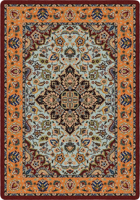 A traditional oriental-style area rug with a central floral medallion, featuring a light blue-gray field, orange border, and dark red outer border with intricate multicolor patterns.
