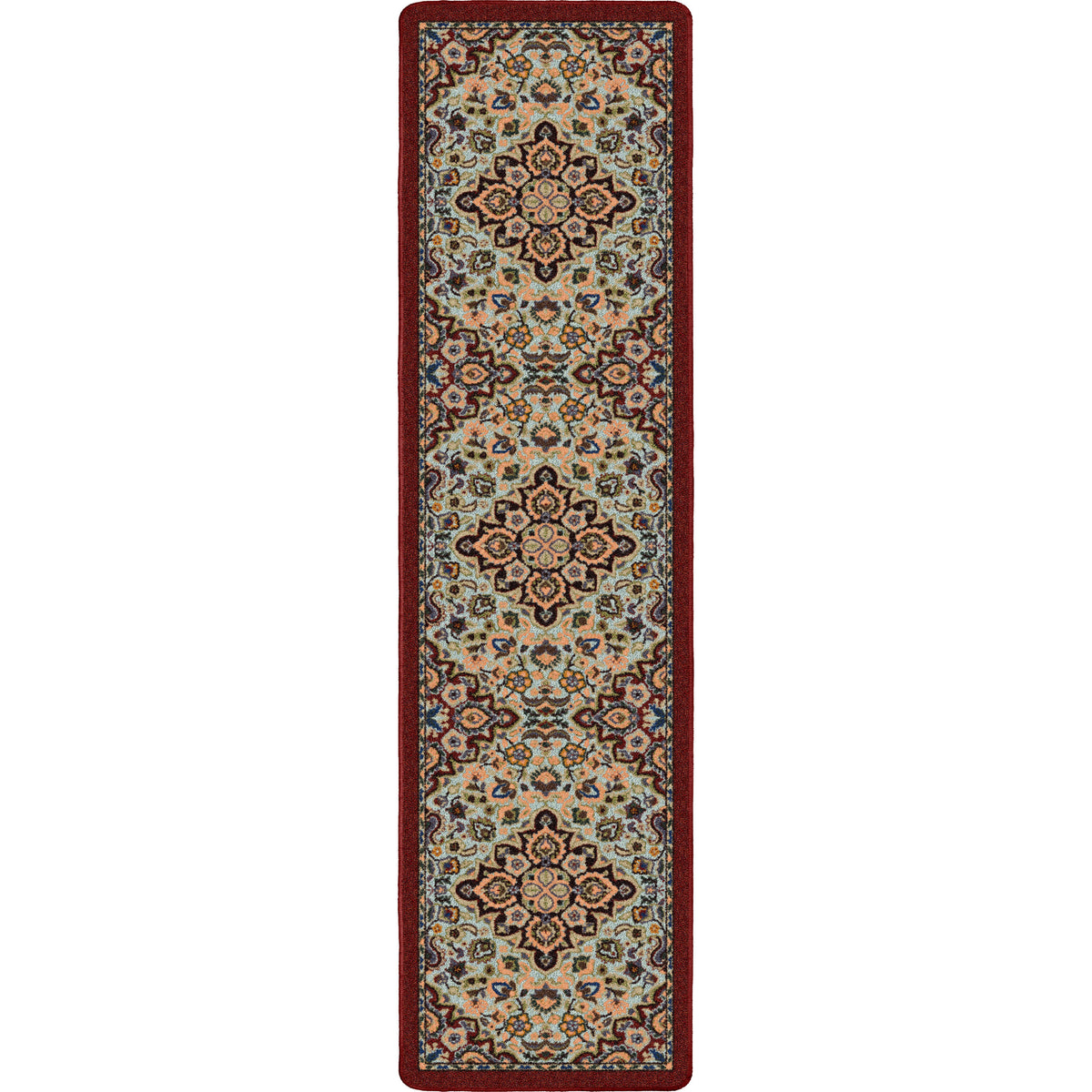 Bright Side area rug: orange and blue 2x8 runner area rug with persian inspired graphics in modern color palette nylon fibers and pet friendly and kid friendly low voc anti allergen.